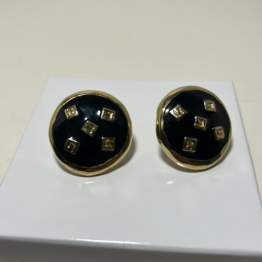 Givenchy earrings clip black gold tone small letter logo vintage formal classic